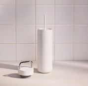 Fellow Carter 2-in-1 Chill Set in matte white, 16 oz insulated tumbler with straw lid and ceramic interior, gift-boxed.