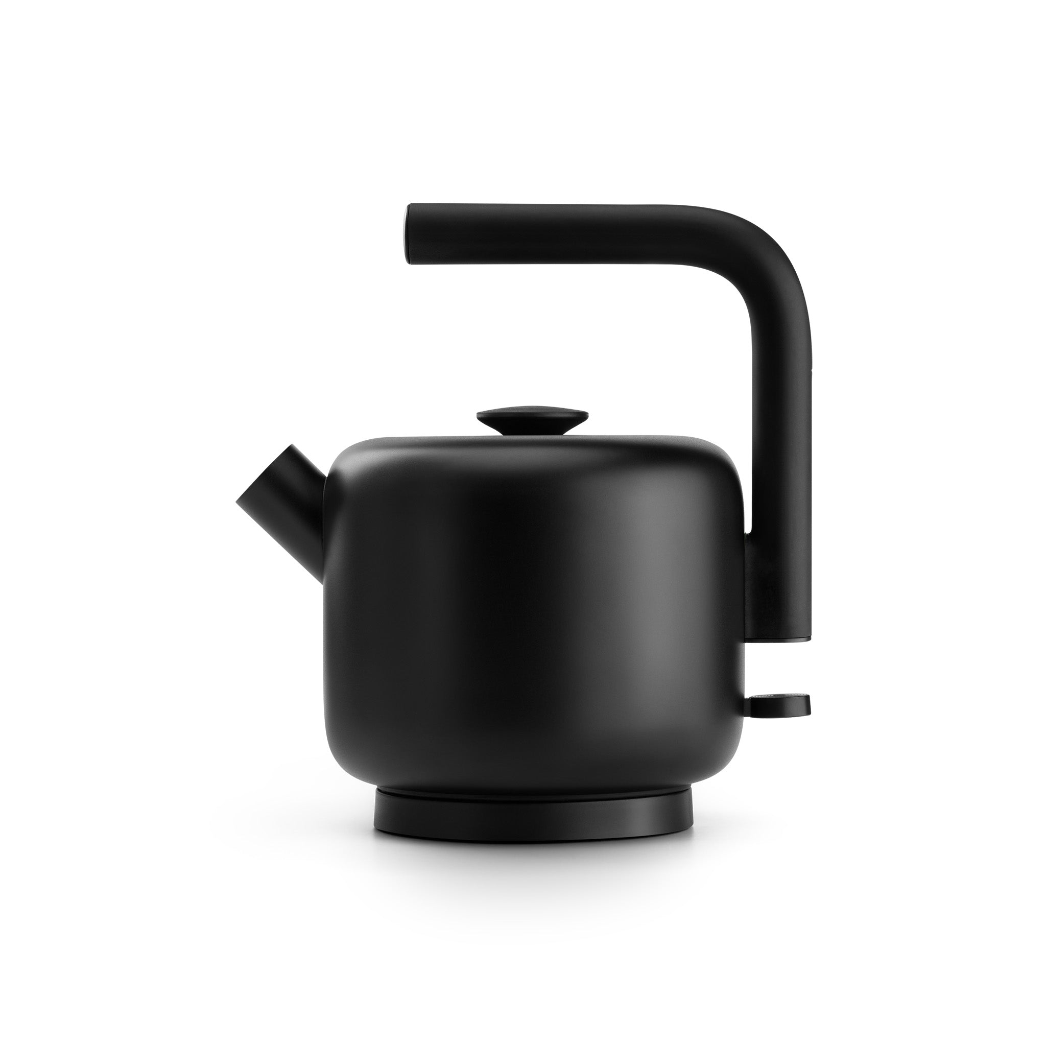 Fellow Clyde Electric Kettle in matte black stainless steel with wide mesh spout and silicone handle.