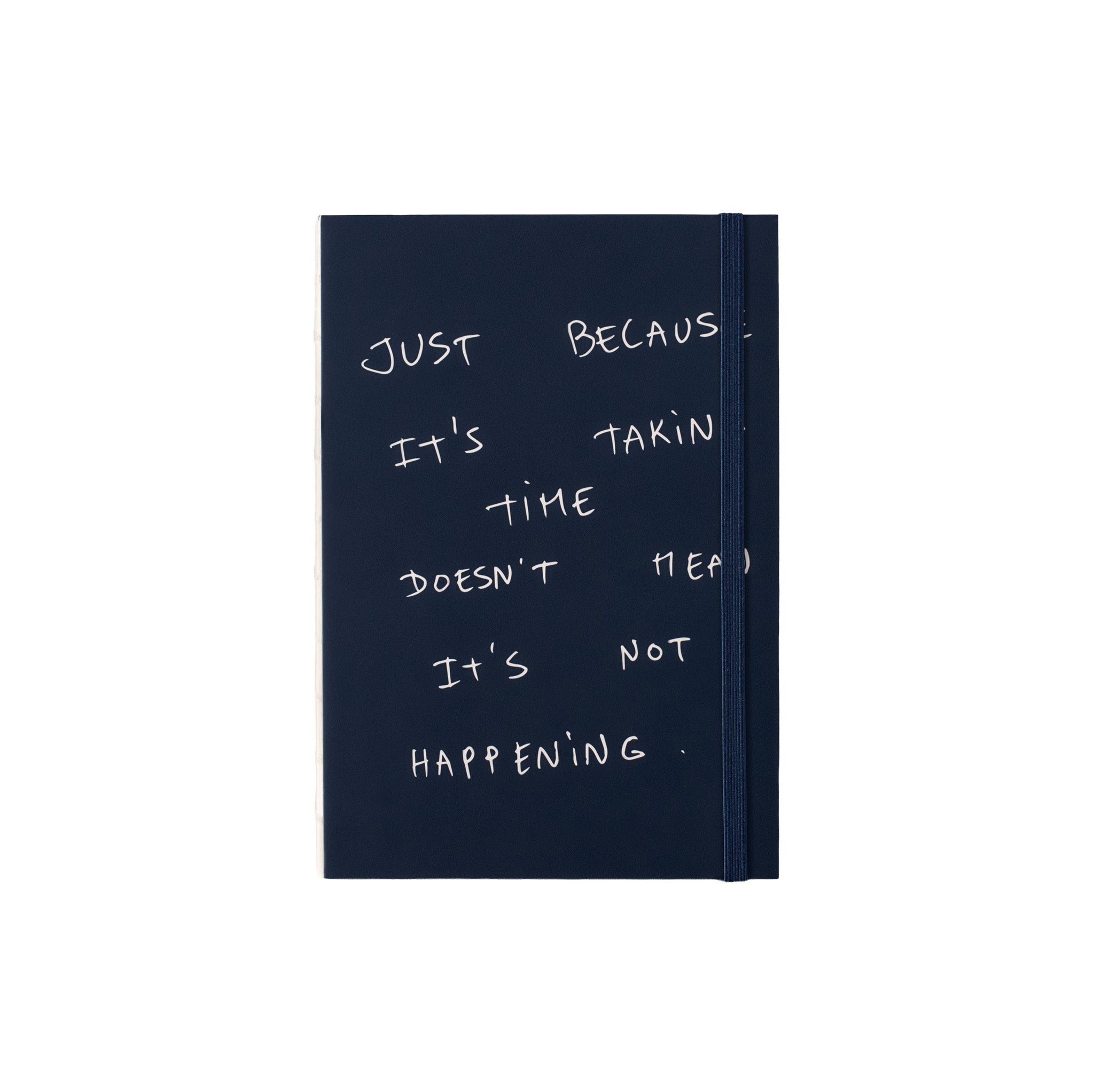 Poète Notebook in Midnight by Gry Matter, A5 hardcover with exposed coptic binding and elastic closure, open to show blank pages.
