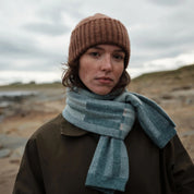 Hilary Grant Garden Small Scarf in North Sea & Haar colorway — reversible lambswool scarf with fine vertical stripes and contrast bands.