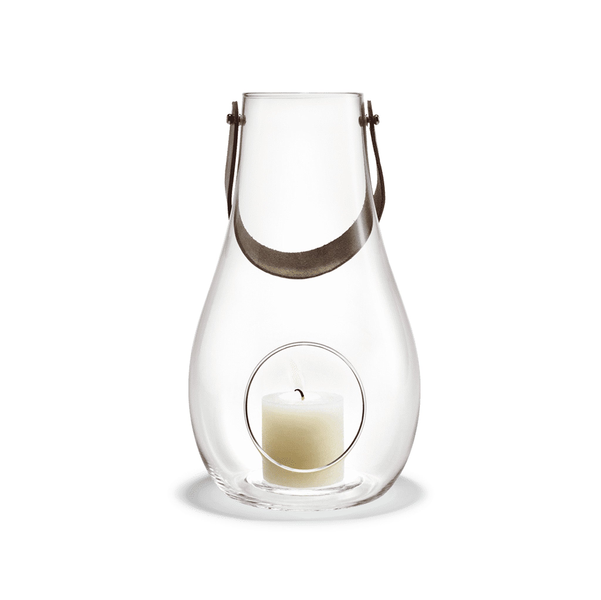 Holmegaard Design With Light H45 mouth-blown glass lantern with full-grain leather strap by Maria Berntsen, available in clear. 17.7 inches tall.