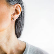 Silver porcelain dot stud earrings by Jenna Vanden Brink, handmade kiln-fired porcelain studs with titanium hardware
