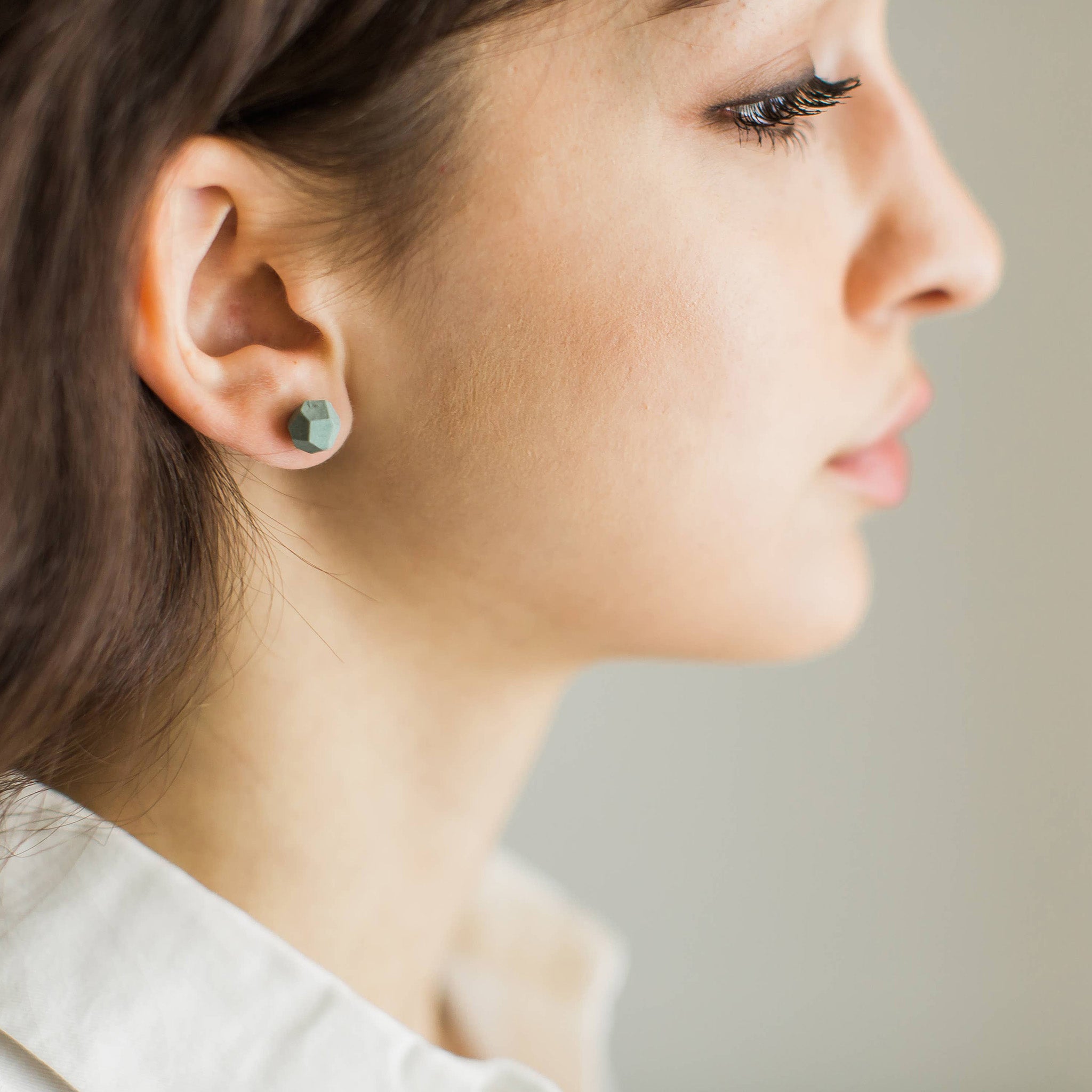 Mint porcelain faceted stud earrings handmade by designer Jenna Vanden Brink, minimalist everyday studs with titanium backs