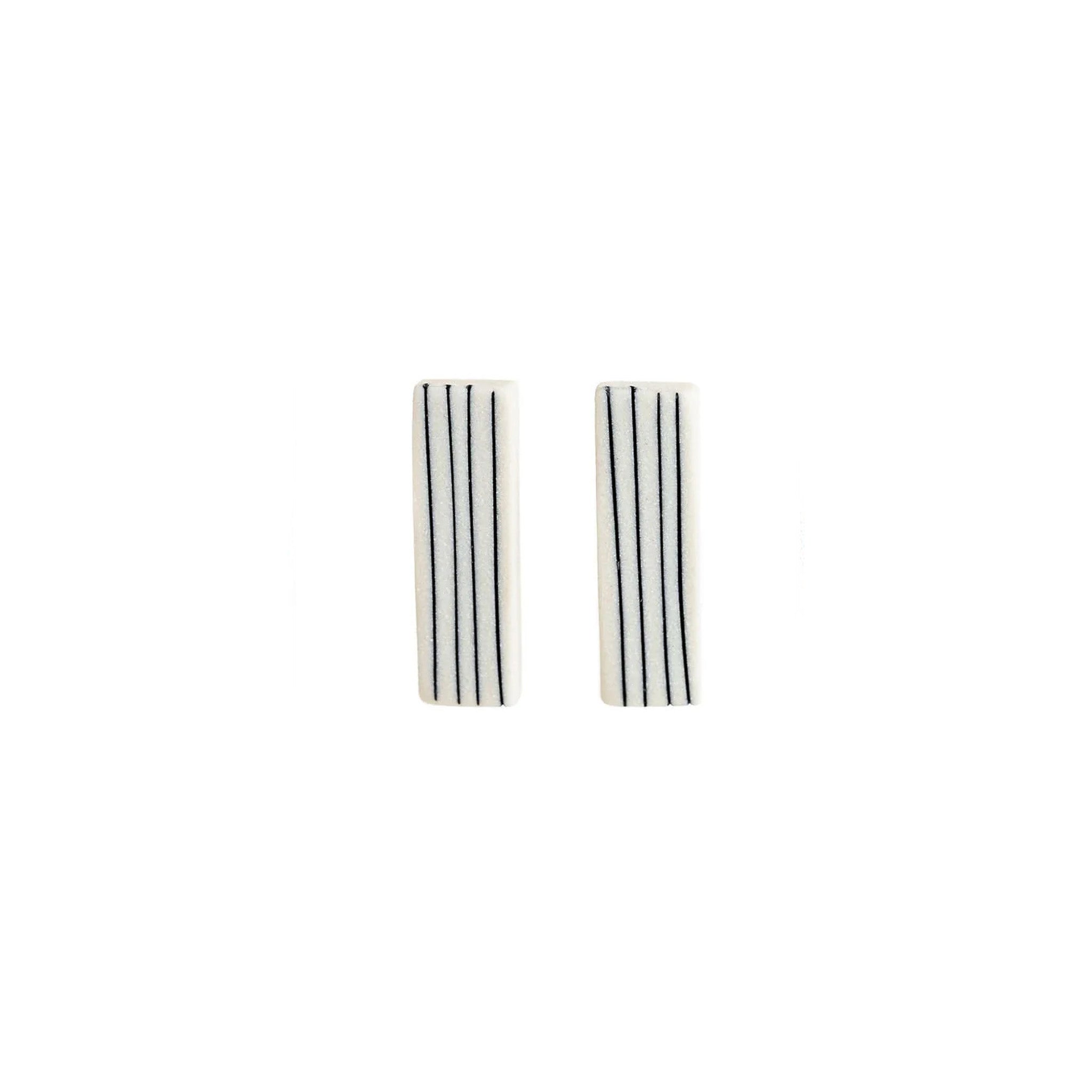 Black and white porcelain pinstripe bar stud earrings handmade by Jenna Vanden Brink, pinstripe swagger without the stiff suit, titanium posts