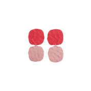 Handmade porcelain poppy red and lilac soft square earrings by Jenna Vanden Brink, bold color-blocked statement studs with hypoallergenic backs.