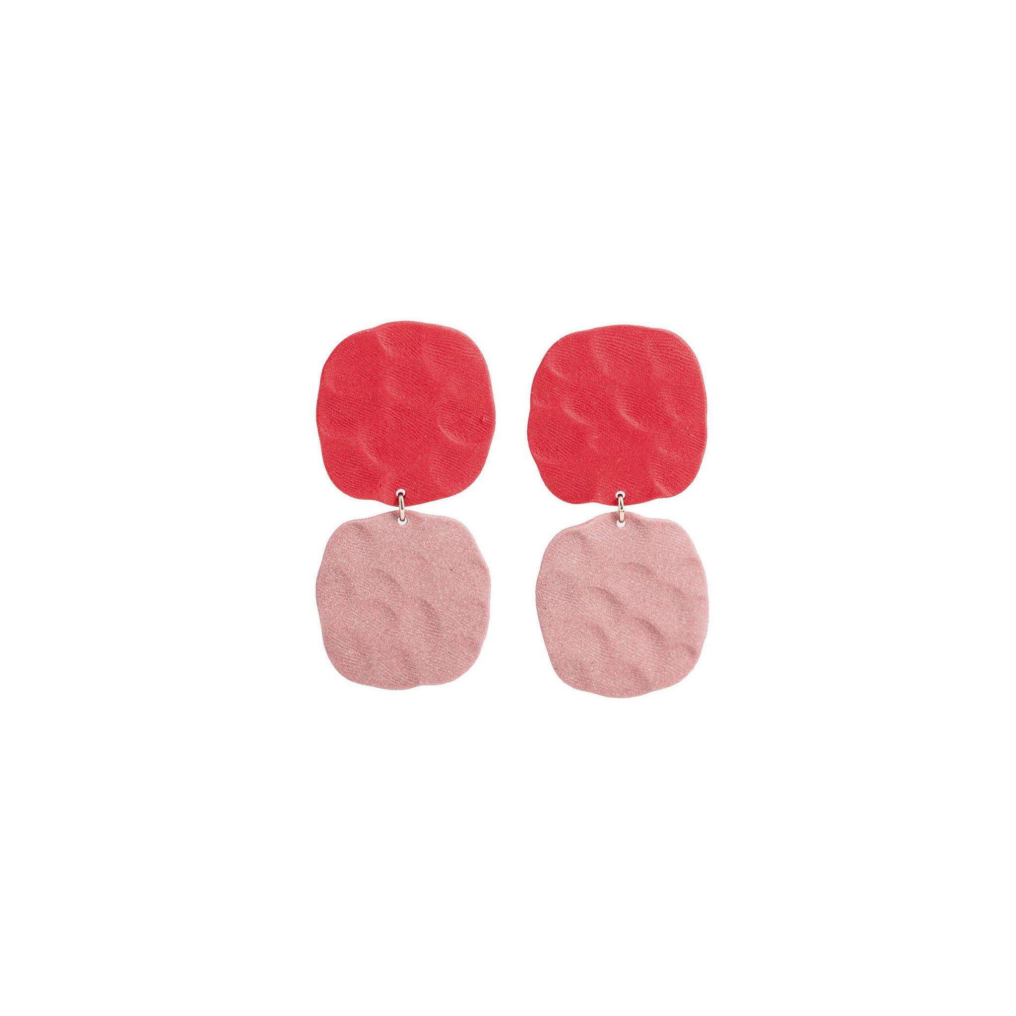 Handmade porcelain poppy red and lilac soft square earrings by Jenna Vanden Brink, bold color-blocked statement studs with hypoallergenic backs.