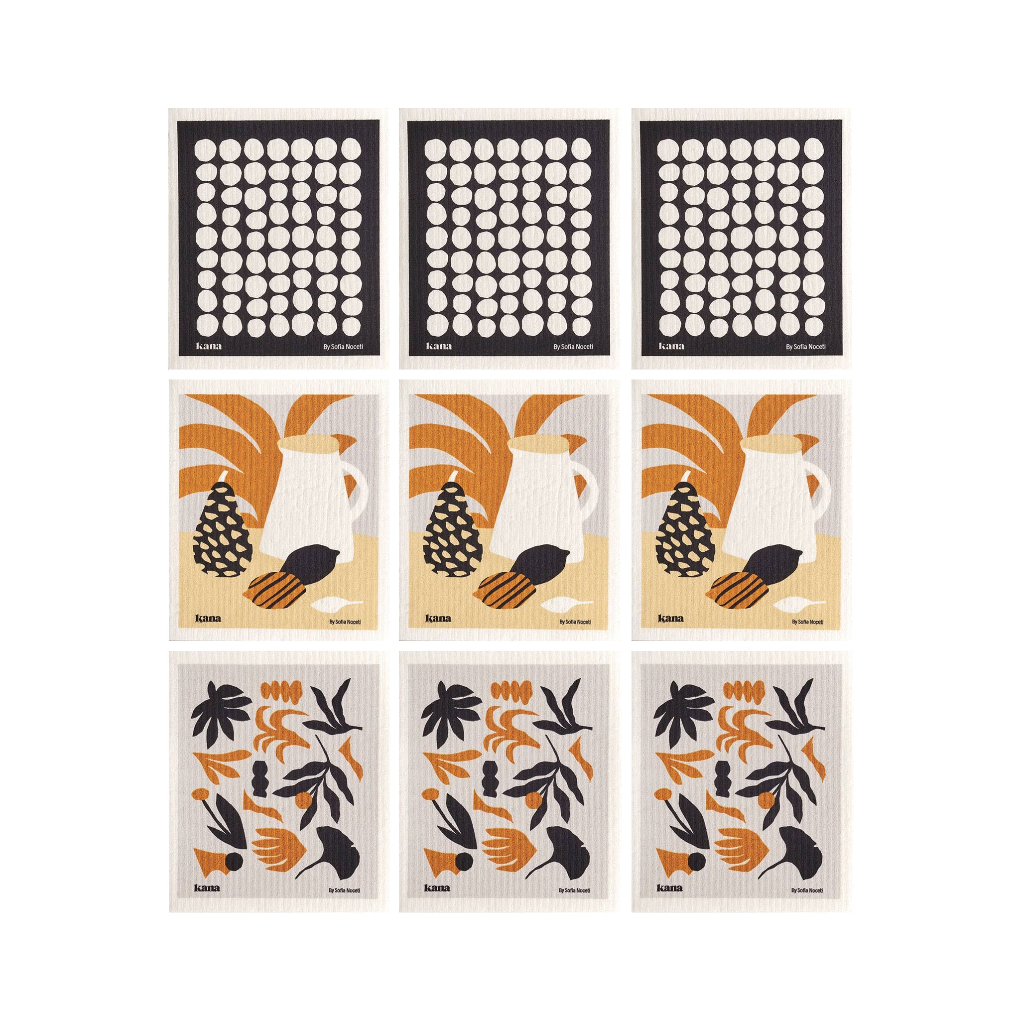 Kana Swedish Dishcloths, set of 9. Three nature-inspired prints by Sofia Noceti, compostable cellulose/cotton blend, made in Sweden.