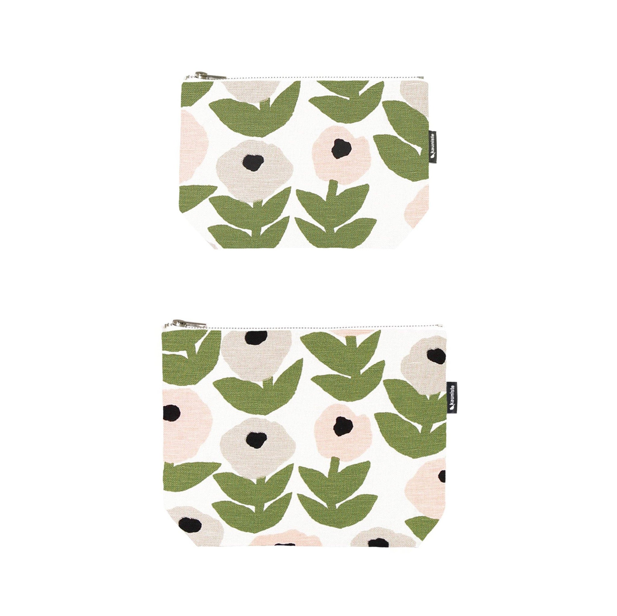 Grey floral linen-cotton zipper pouch by Hannele Äijälä, water-resistant, in two sizes.