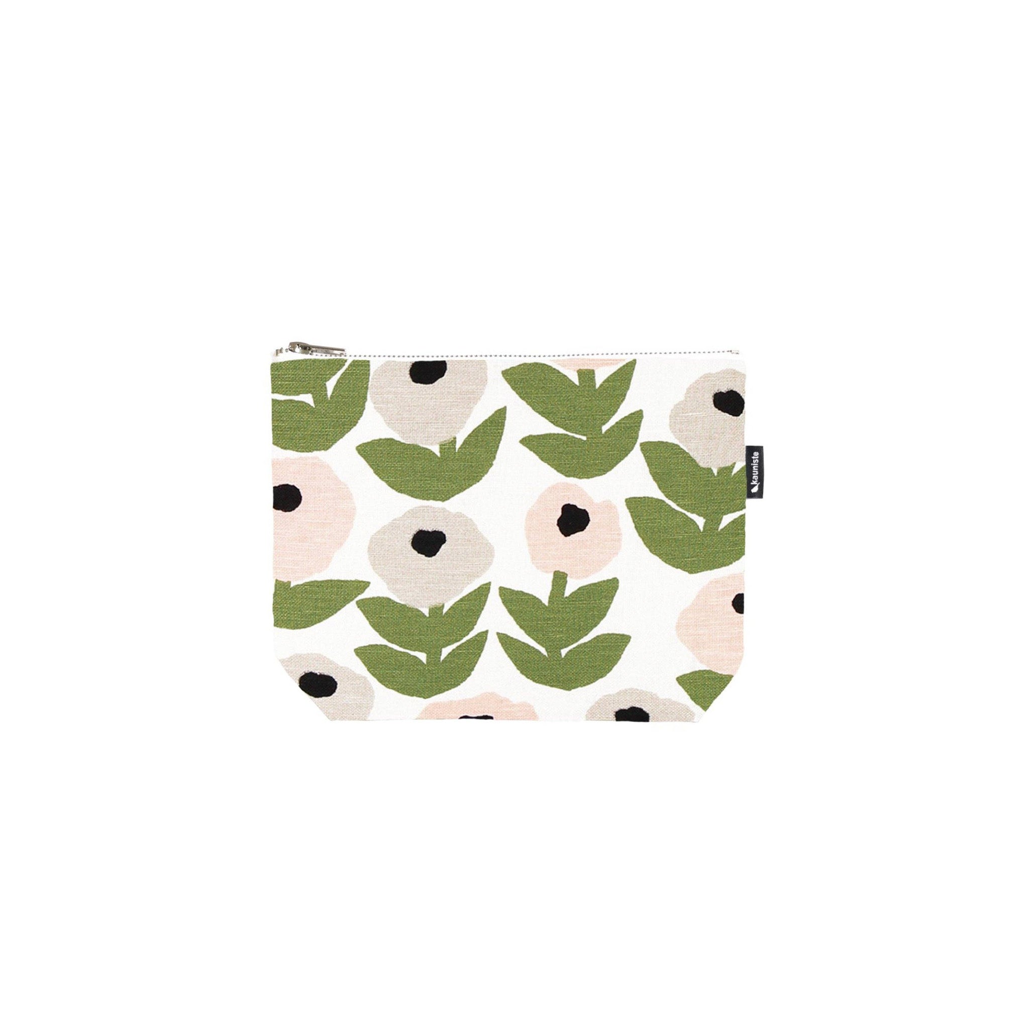 Grey floral linen-cotton zipper pouch by Hannele Äijälä, water-resistant, in two sizes.
