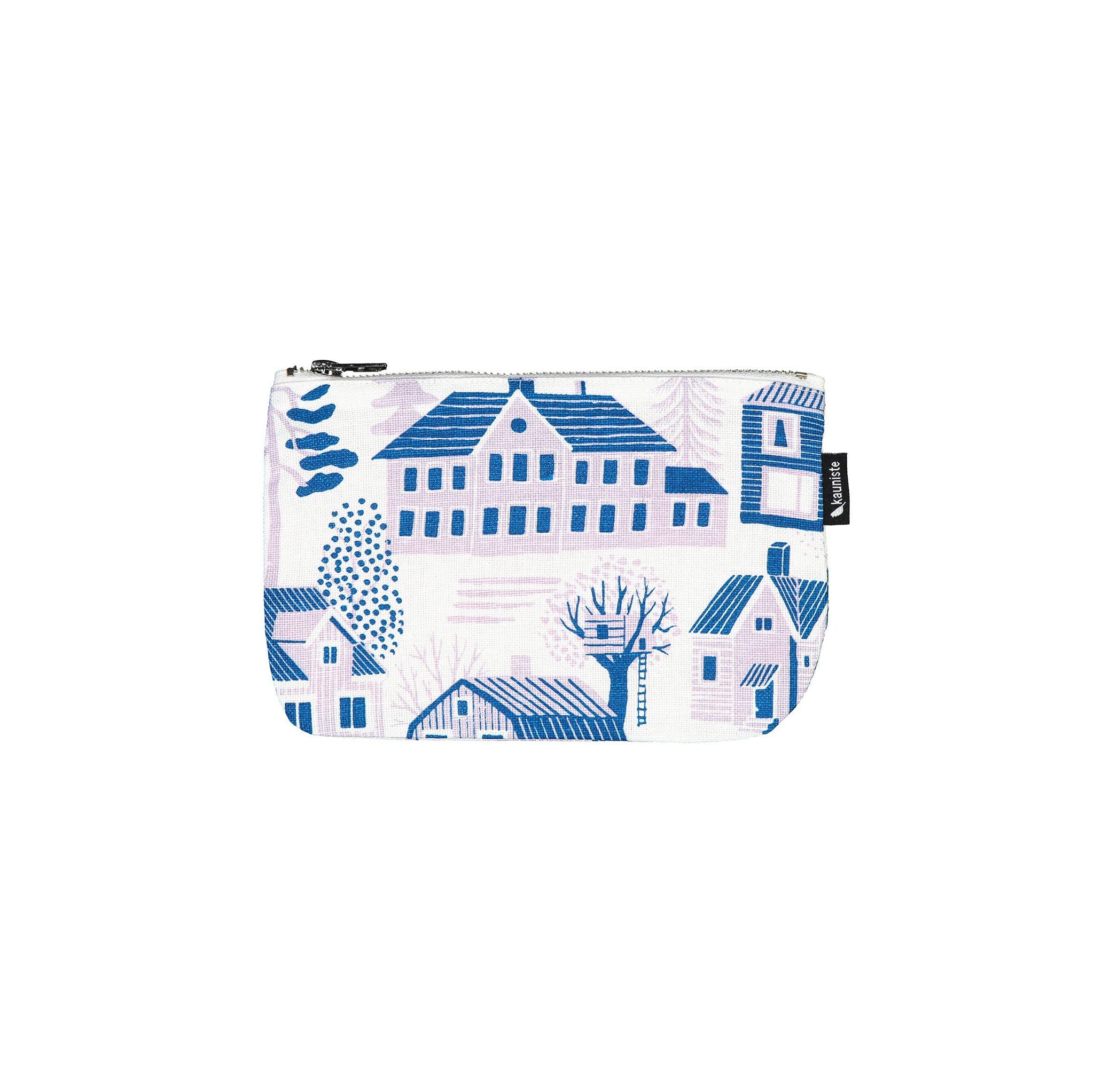 Blue village-scene linen-cotton zipper pouch by Bjørn Rune Lie with mint floral lining.