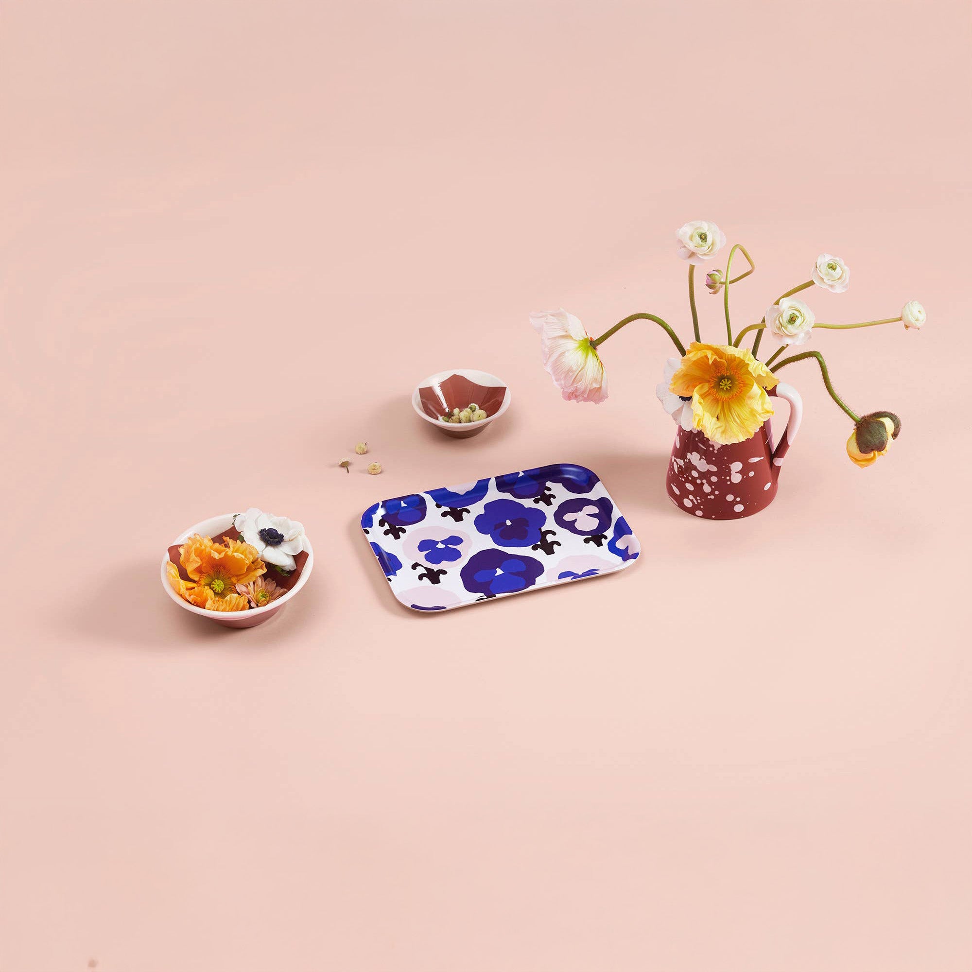 Blue, pink, and grey floral birch veneer tray by Hannele Äijälä, 10.6" x 7.9".