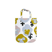 Yellow floral linen-cotton tote bag by Hannele Äijälä, 15" x 17".