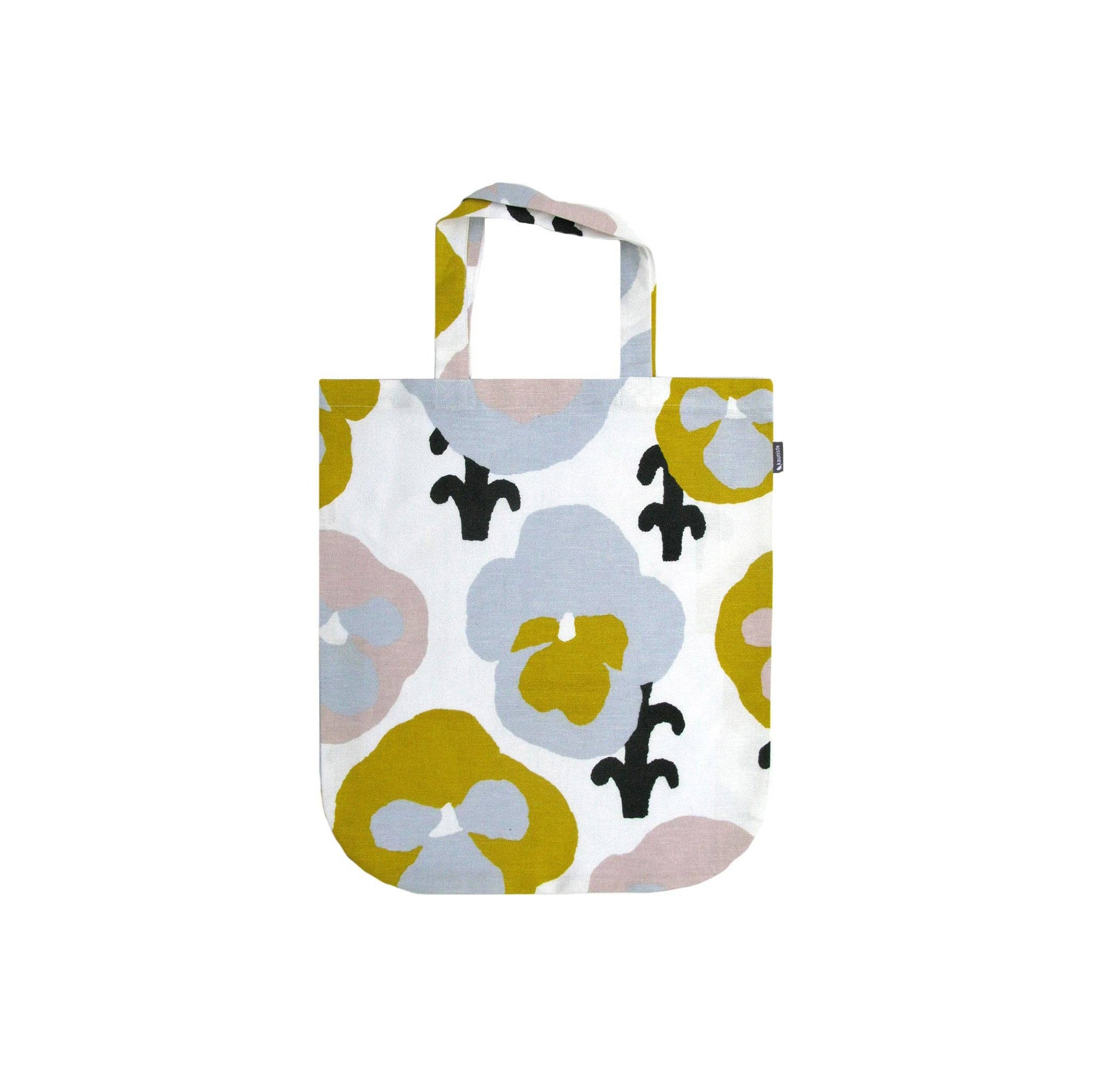 Yellow floral linen-cotton tote bag by Hannele Äijälä, 15" x 17".