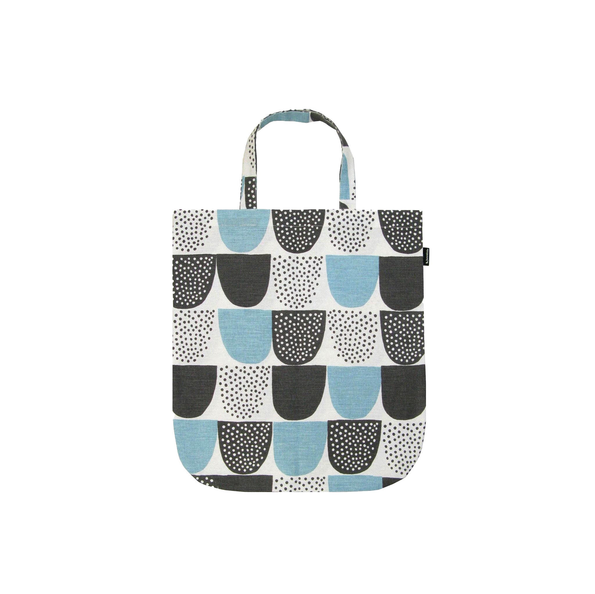 Light blue and black polka-dot linen-cotton tote bag by Hanna Konola, 15" x 17".