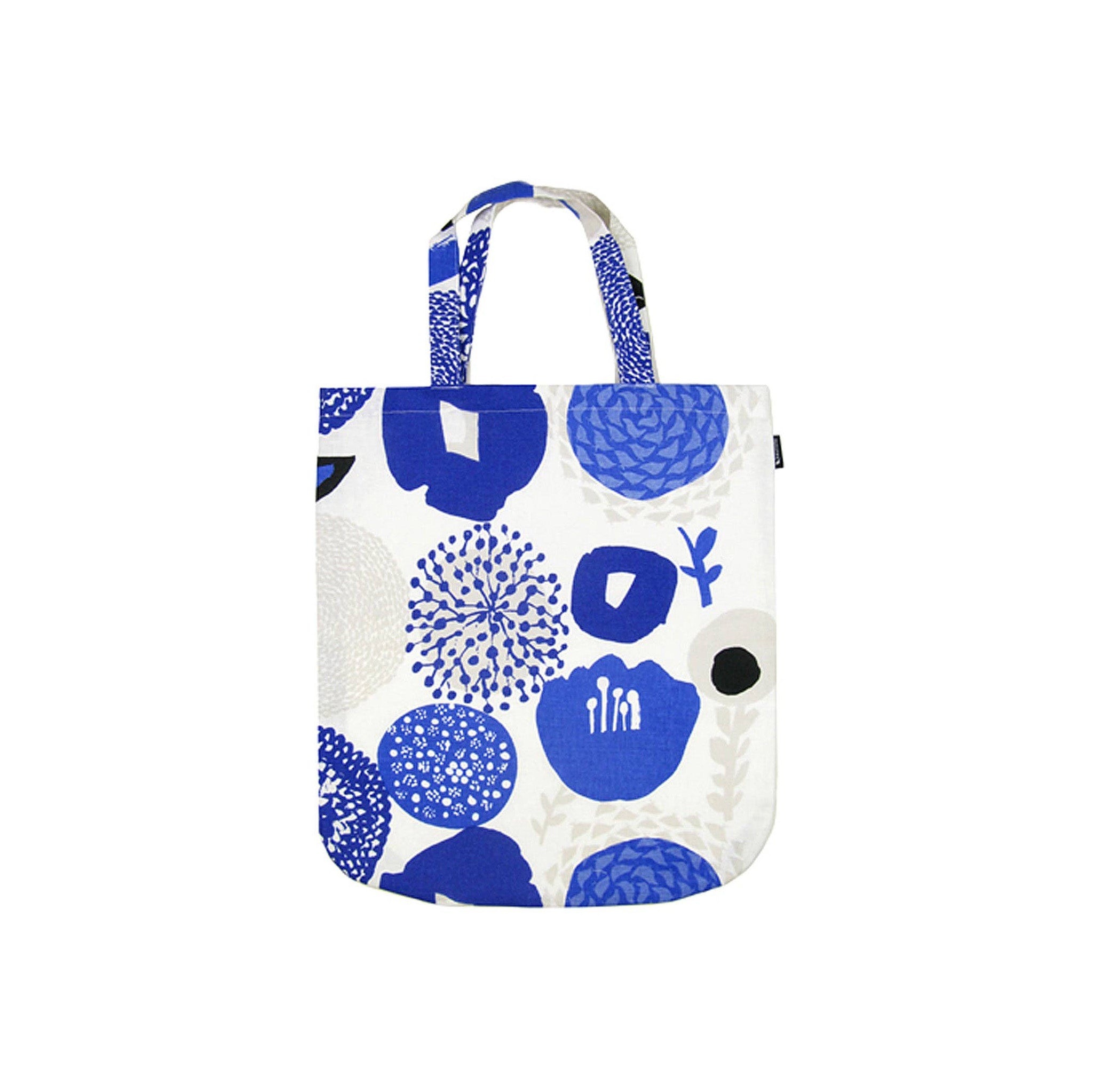 Blue floral and bird-pattern linen-cotton tote bag by Matti Pikkujämsä, 15" x 17".
