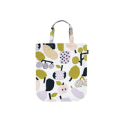 Olive green fruit-pattern linen-cotton tote bag by Hannele Äijälä, 15" x 17".