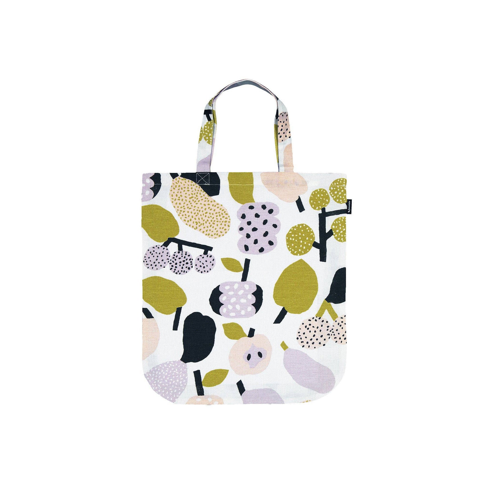 Olive green fruit-pattern linen-cotton tote bag by Hannele Äijälä, 15" x 17".