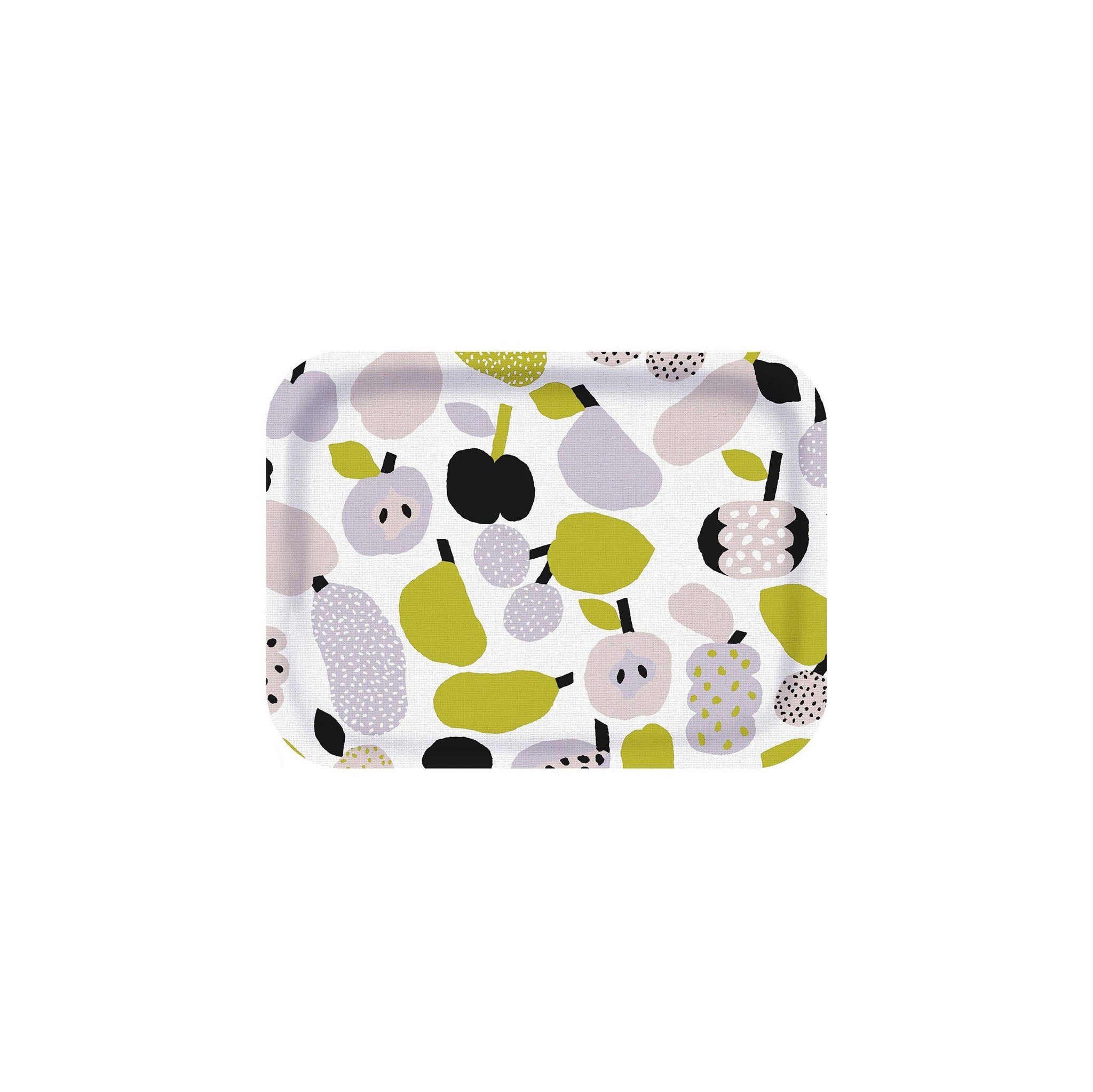 Olive green fruit-pattern birch veneer tray by Hannele Äijälä, 10.6" x 7.9".