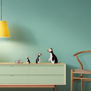 Kay Bojesen Puffin Large, 7.7-inch painted beech wooden figurine with colorful beak and open wings, Danish design icon from 1954.