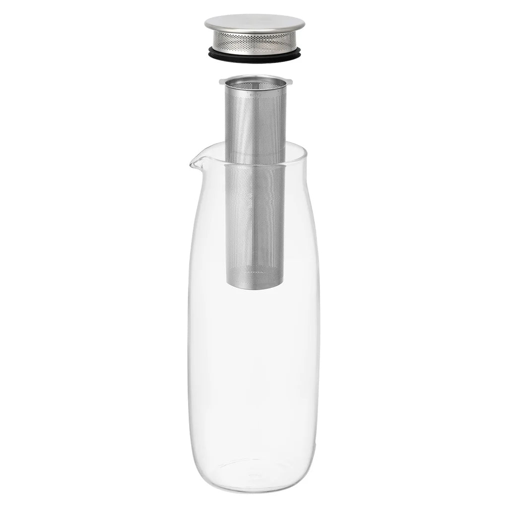 Kinto Unitea Cold Brew Carafe, 1100 ml clear glass carafe with mesh filter. Designed for cold brew tea, coffee, or fruit-infused water.