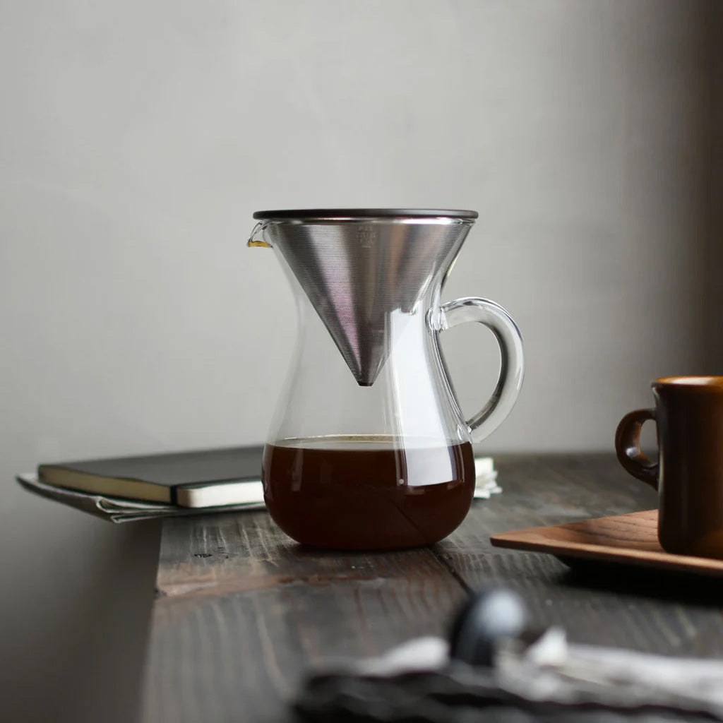 Kinto SCS Coffee Carafe Set, 600 ml glass carafe with stainless steel filter and scoop/filter holder. Designed in Japan.