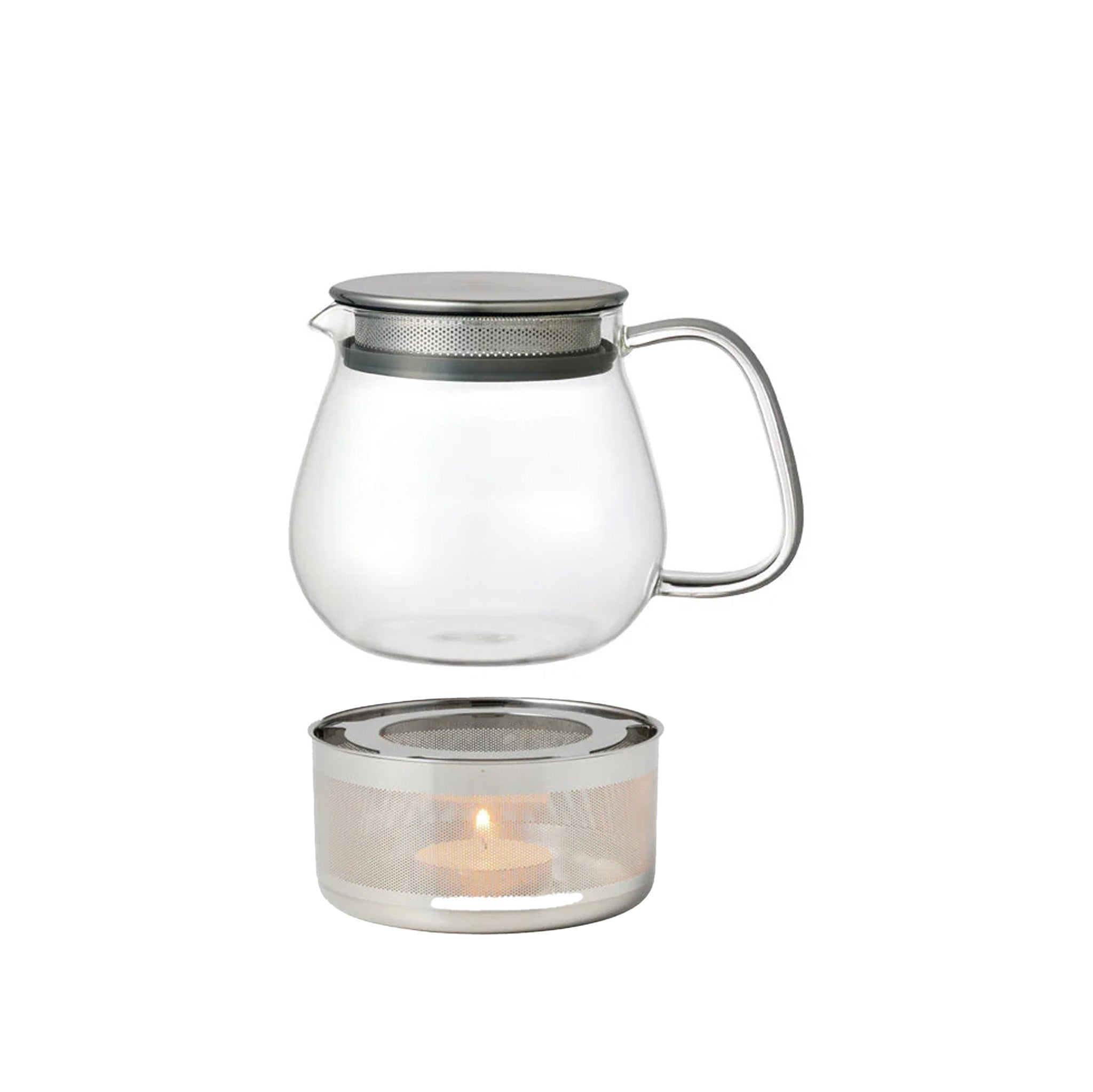 Kinto Unitea Teapot and Warmer Set in heat-resistant glass with stainless steel details. Japanese design for brewing and keeping tea hot with a tea light.