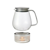 Kinto Unitea Teapot and Warmer Set in heat-resistant glass with stainless steel details. Japanese design for brewing and keeping tea hot with a tea light.