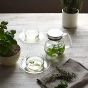 Kinto Unitea One Touch Teapot in clear glass with stainless steel strainer lid. Minimal Japanese teapot for loose leaf brewing.