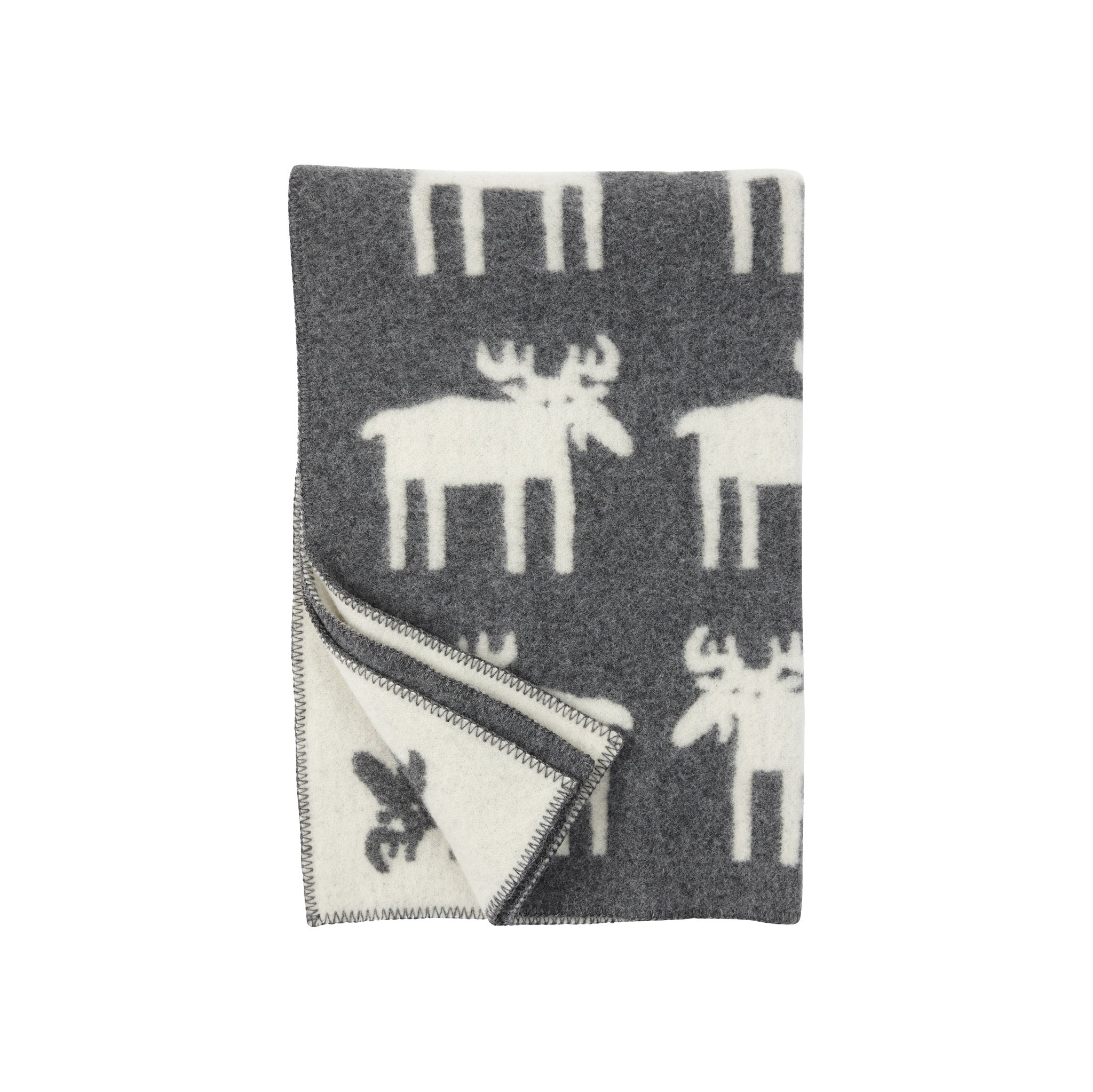 Klippan Yllefabrik Moose Blanket with Bengt & Lotta moose illustration in organic lamb’s wool, playful Scandinavian throw with Maine camp vibe.