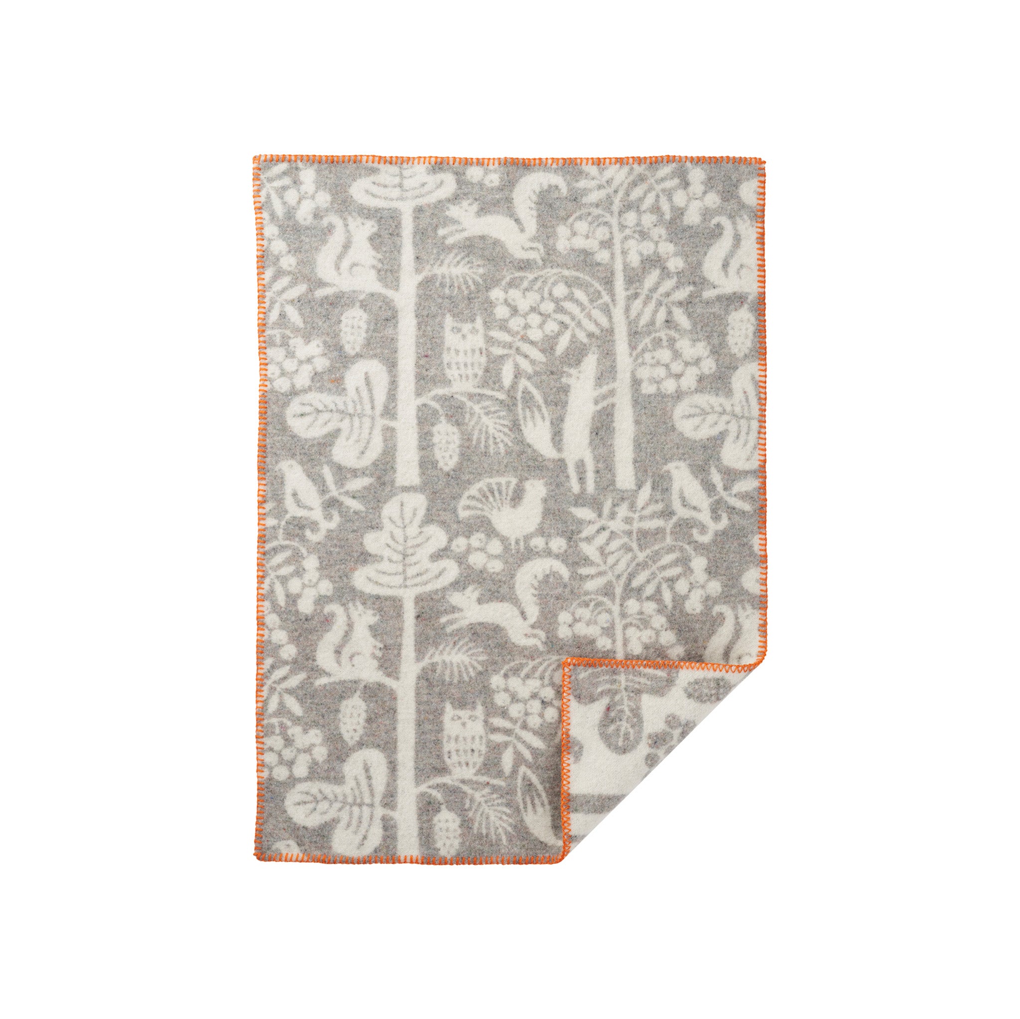 Klippan Yllefabrik Tree Climbers Baby Blanket in Grey recycled and organic lamb’s wool, playful climber motif, unique color variations, eco-friendly Scandinavian baby blanket.