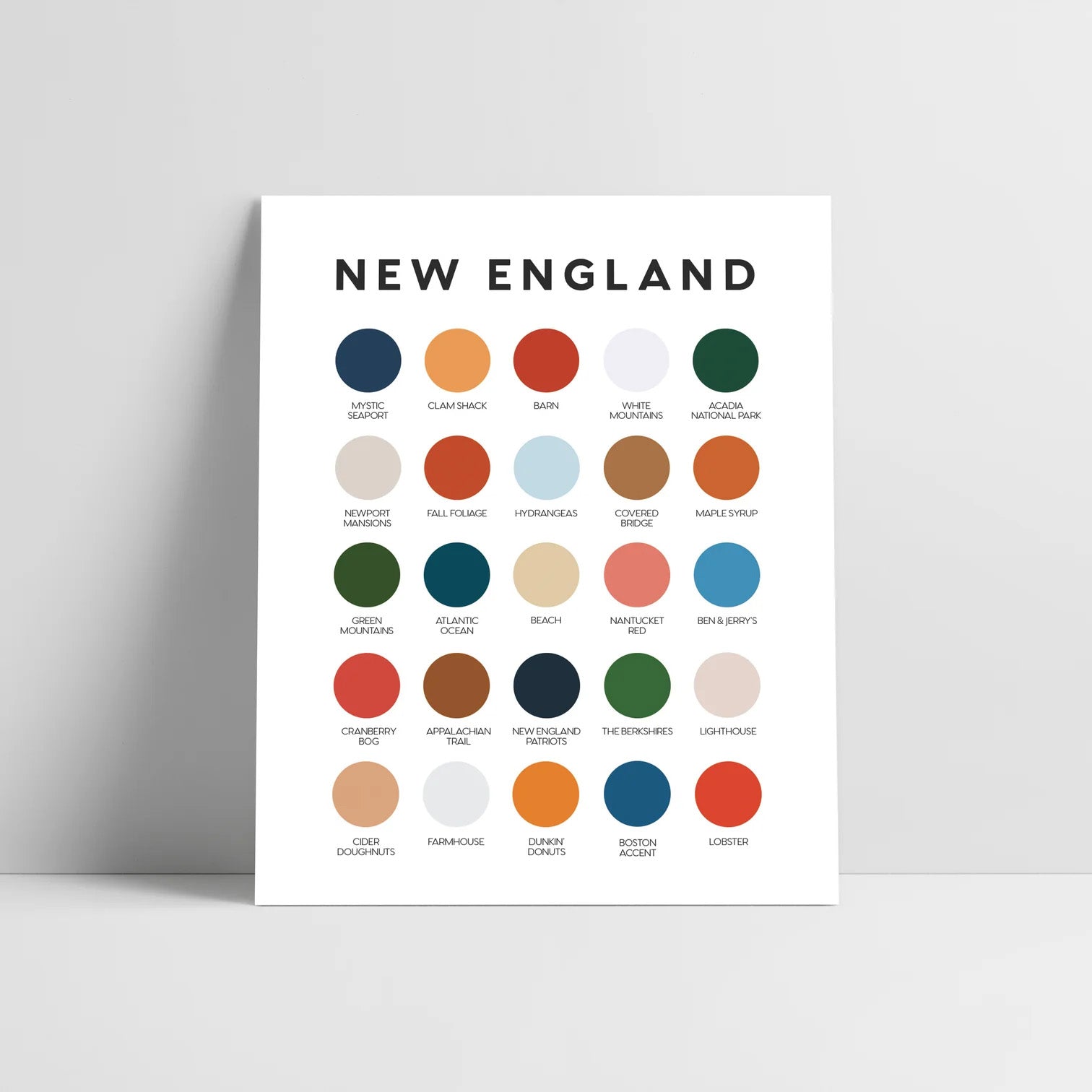 Lunch City Studio New England Print. 8 × 10 in. art print with swatches named for New England landmarks, including Acadia, lobster, lighthouses, beaches, and clam shacks. Ships flat, signed.