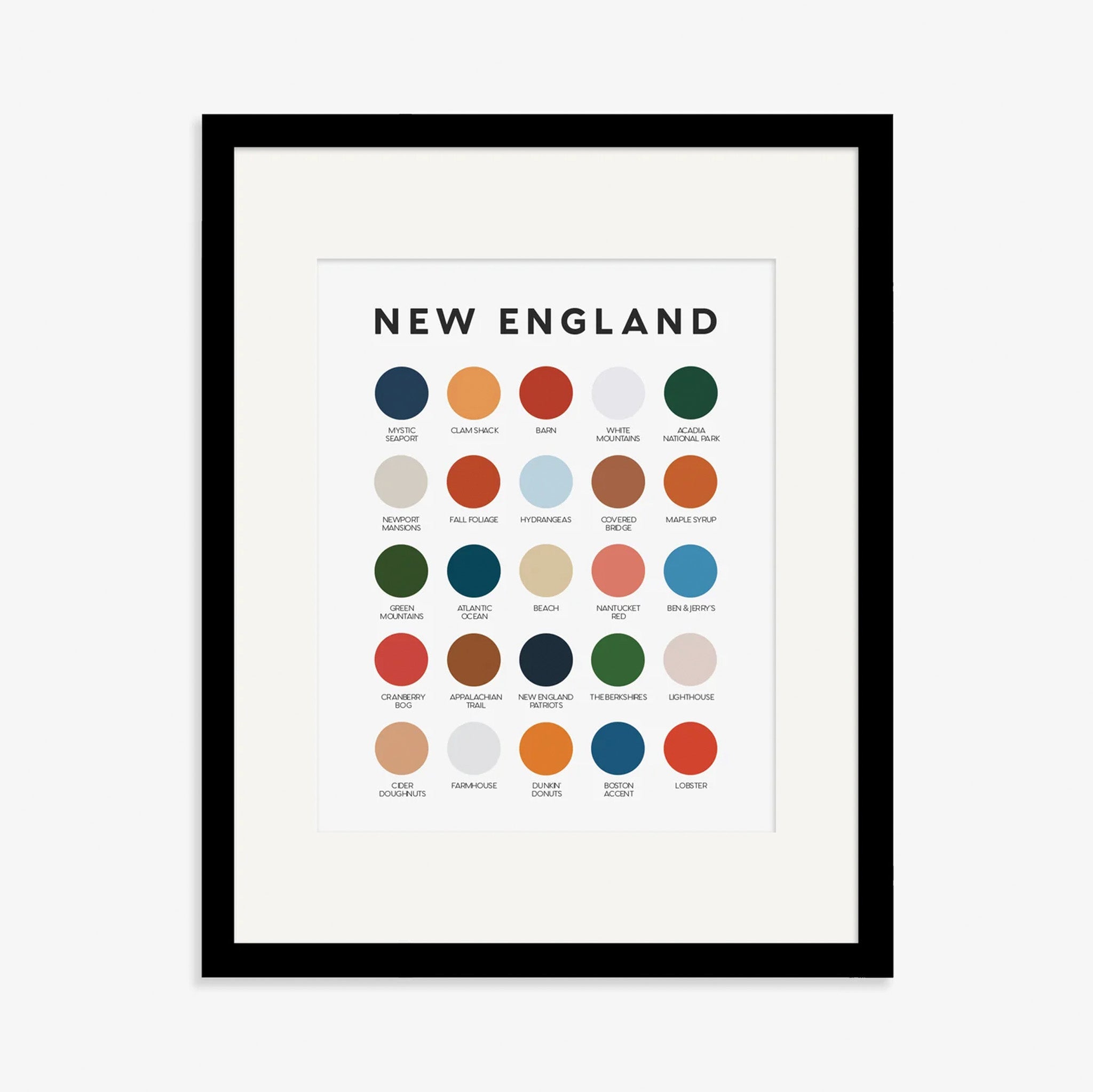 Lunch City Studio New England Print. 8 × 10 in. art print with swatches named for New England landmarks, including Acadia, lobster, lighthouses, beaches, and clam shacks. Ships flat, signed.