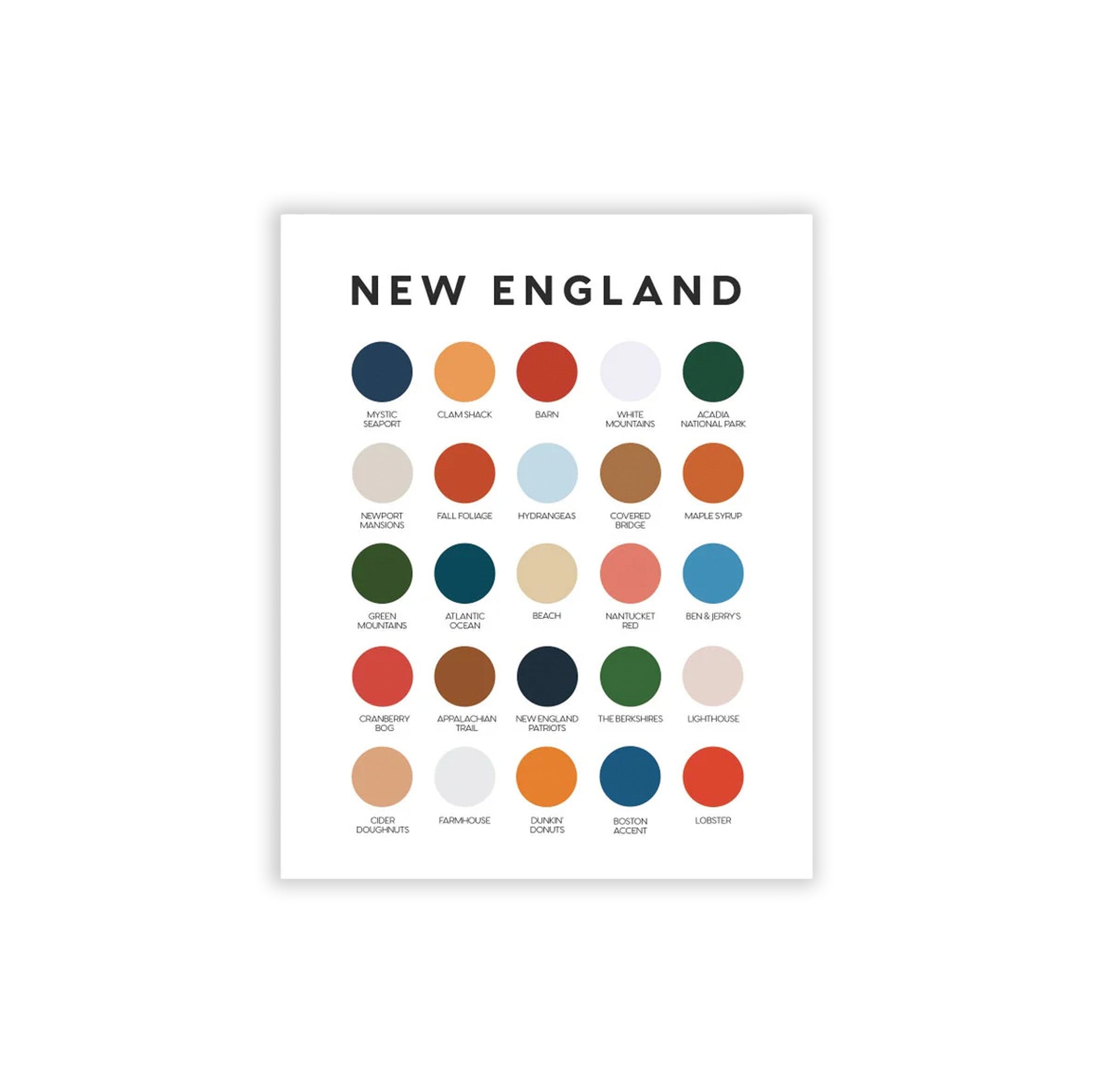 Lunch City Studio New England Print. 8 × 10 in. art print with swatches named for New England landmarks, including Acadia, lobster, lighthouses, beaches, and clam shacks. Ships flat, signed.