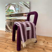 Maison Deux Candy Wrap Blanket in lilac and aubergine lambswool, cheeky reversible candy-stripe throw for sofa or bed.