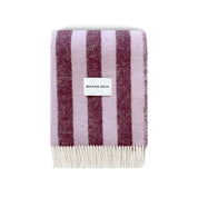 Maison Deux Candy Wrap Blanket in lilac and aubergine lambswool, cheeky reversible candy-stripe throw for sofa or bed.