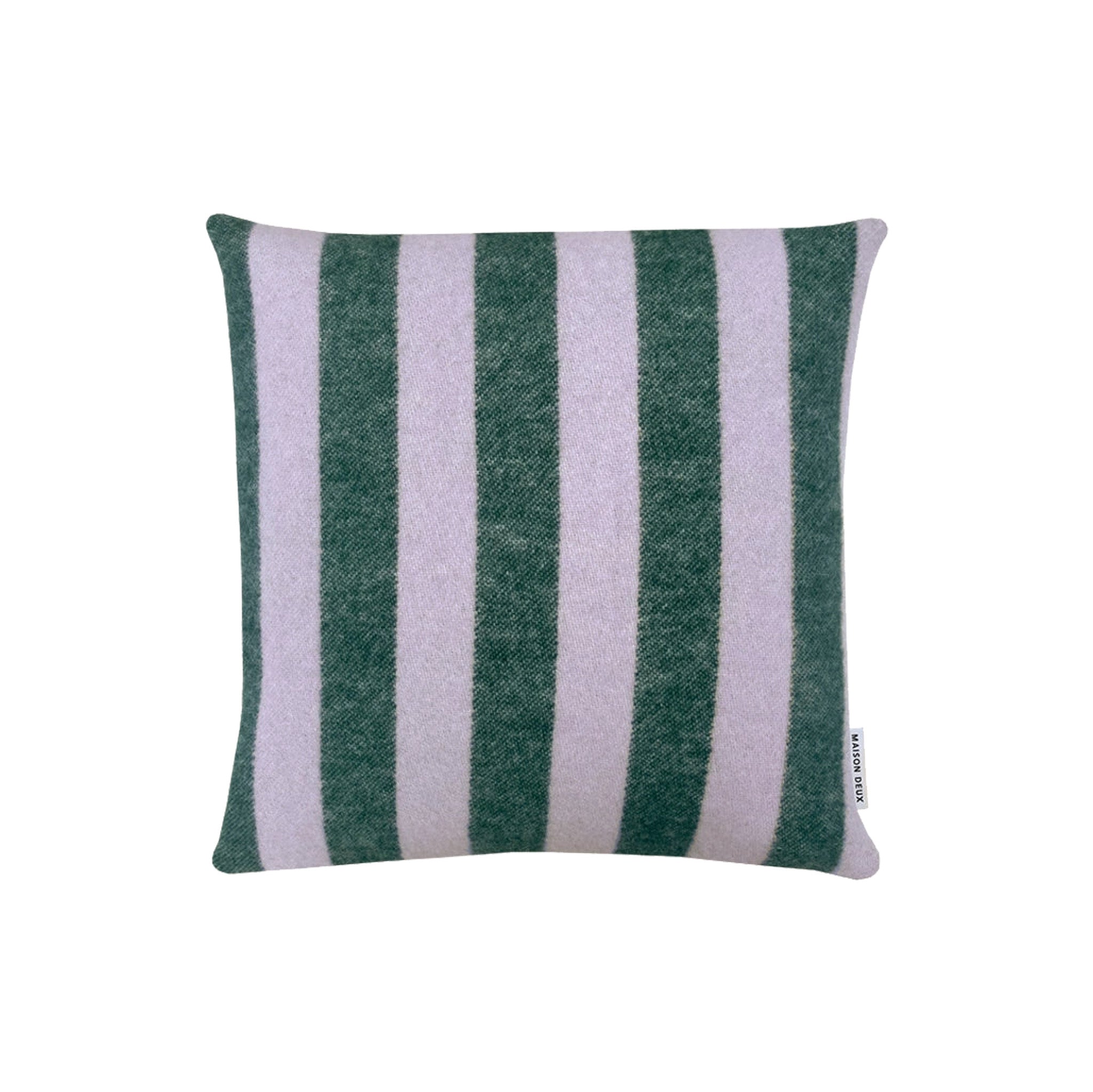 Maison Deux Candy Wrap Cushion Cover in lilac and green 100% wool with bold vertical stripes, jacquard-woven.
