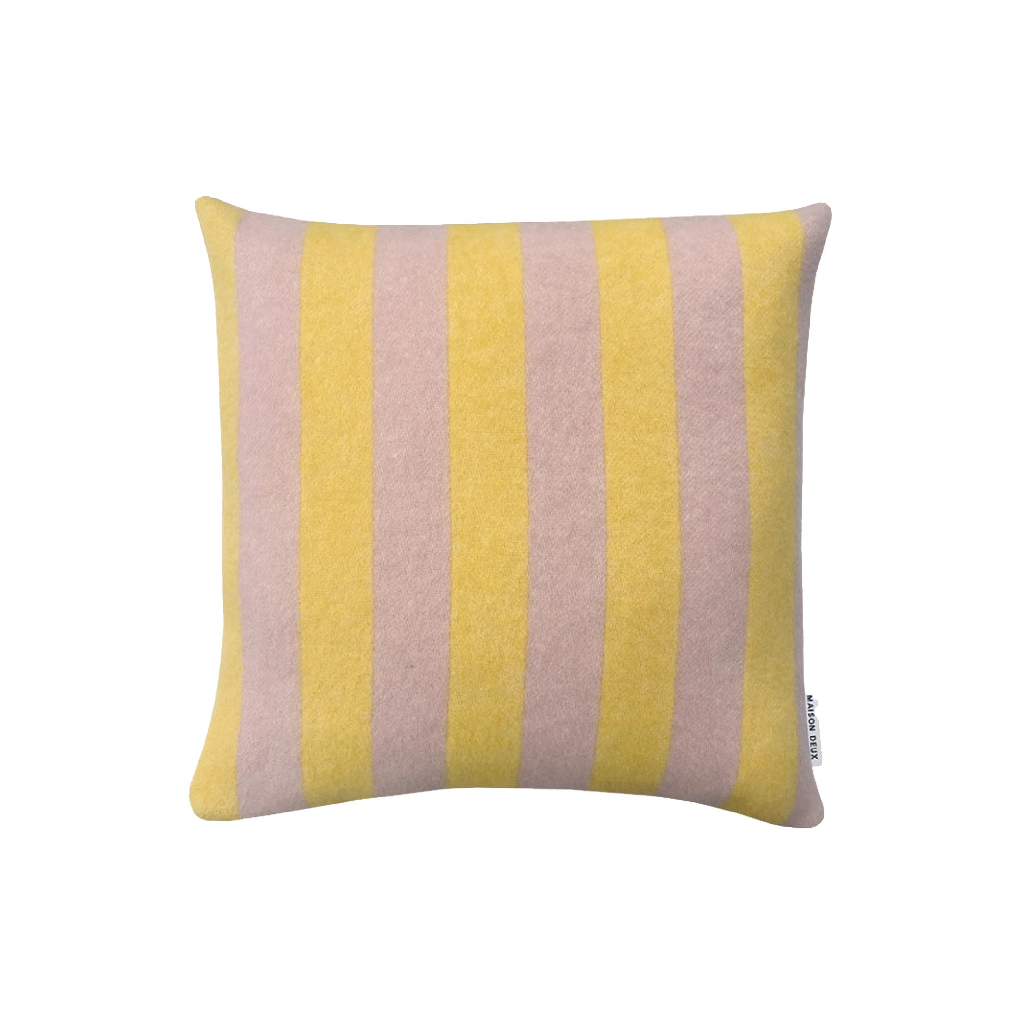 Maison Deux Candy Wrap Cushion Cover in yellow and pink 100% wool with bold vertical stripes, jacquard-woven.