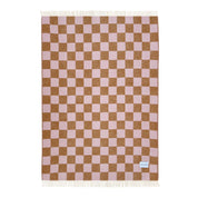 Maison Deux Checkerboard Blanket in terra brown and pink lambswool with bold reversible checkerboard design.
