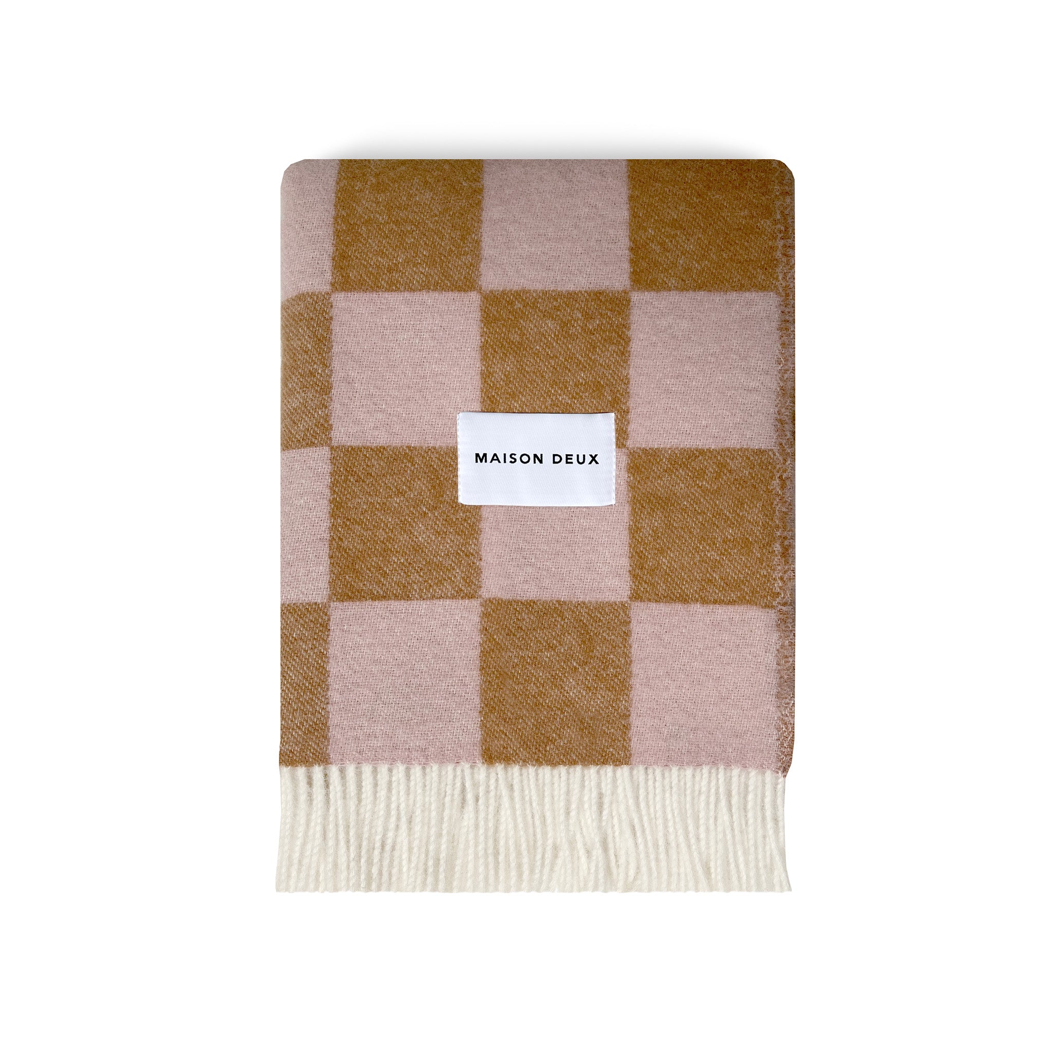 Maison Deux Checkerboard Blanket in terra brown and pink lambswool with bold reversible checkerboard design.