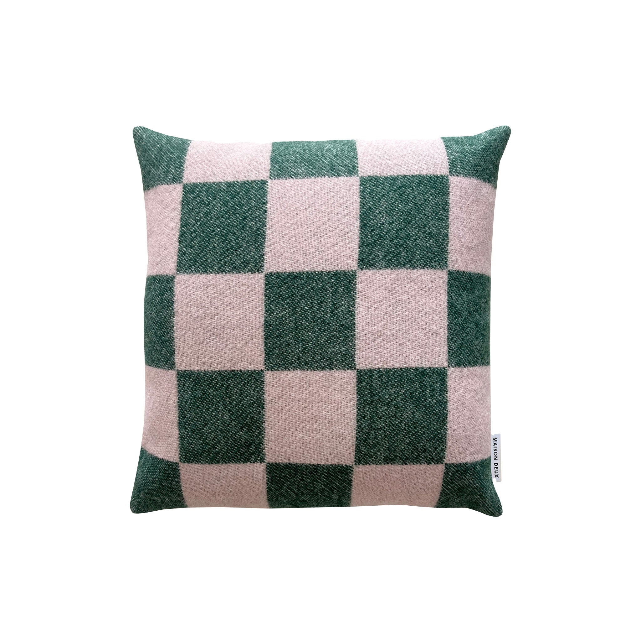 Maison Deux Checkerboard Cushion Cover in green and pink 100% wool, jacquard-woven with bold graphic checkerboard pattern.