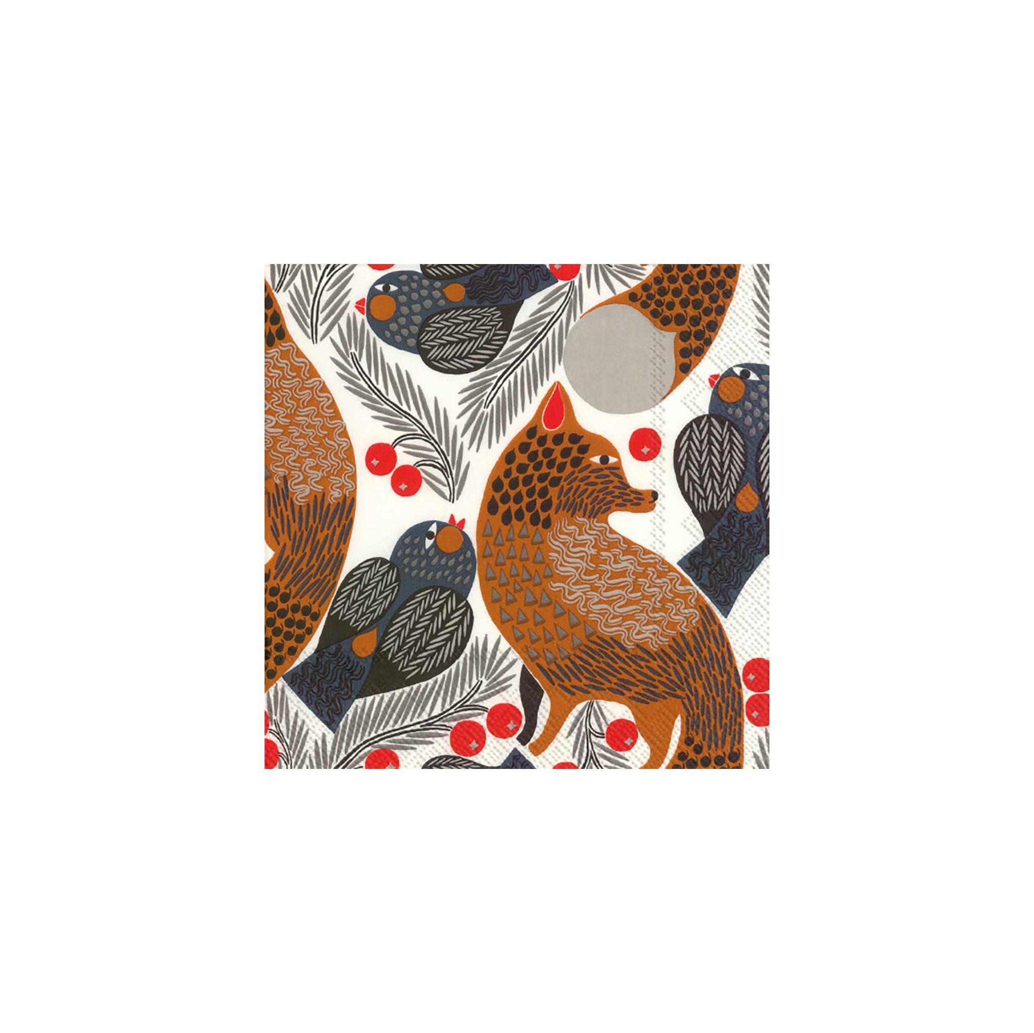 Marimekko Ketunmarja Paper Lunch Napkin Set of 20 in white woodland fox and bird print by Aino-Maija Metsola (2023). FSC-certified cellulose, biodegradable 3-ply napkins.