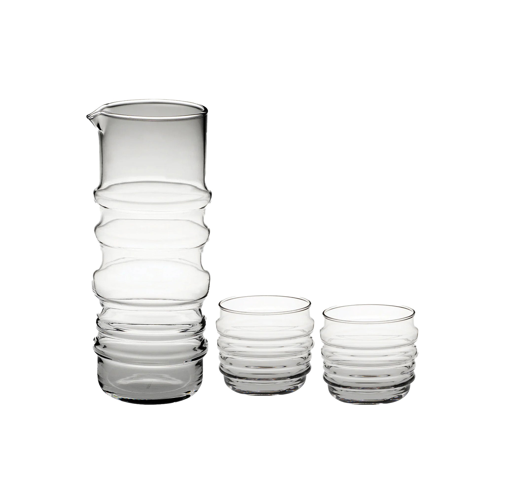 Marimekko Sukat Makkaralla Pitcher and two tumblers set in mouth-blown glass, featuring the wavy “socks rolled down” design by Anu Penttinen.