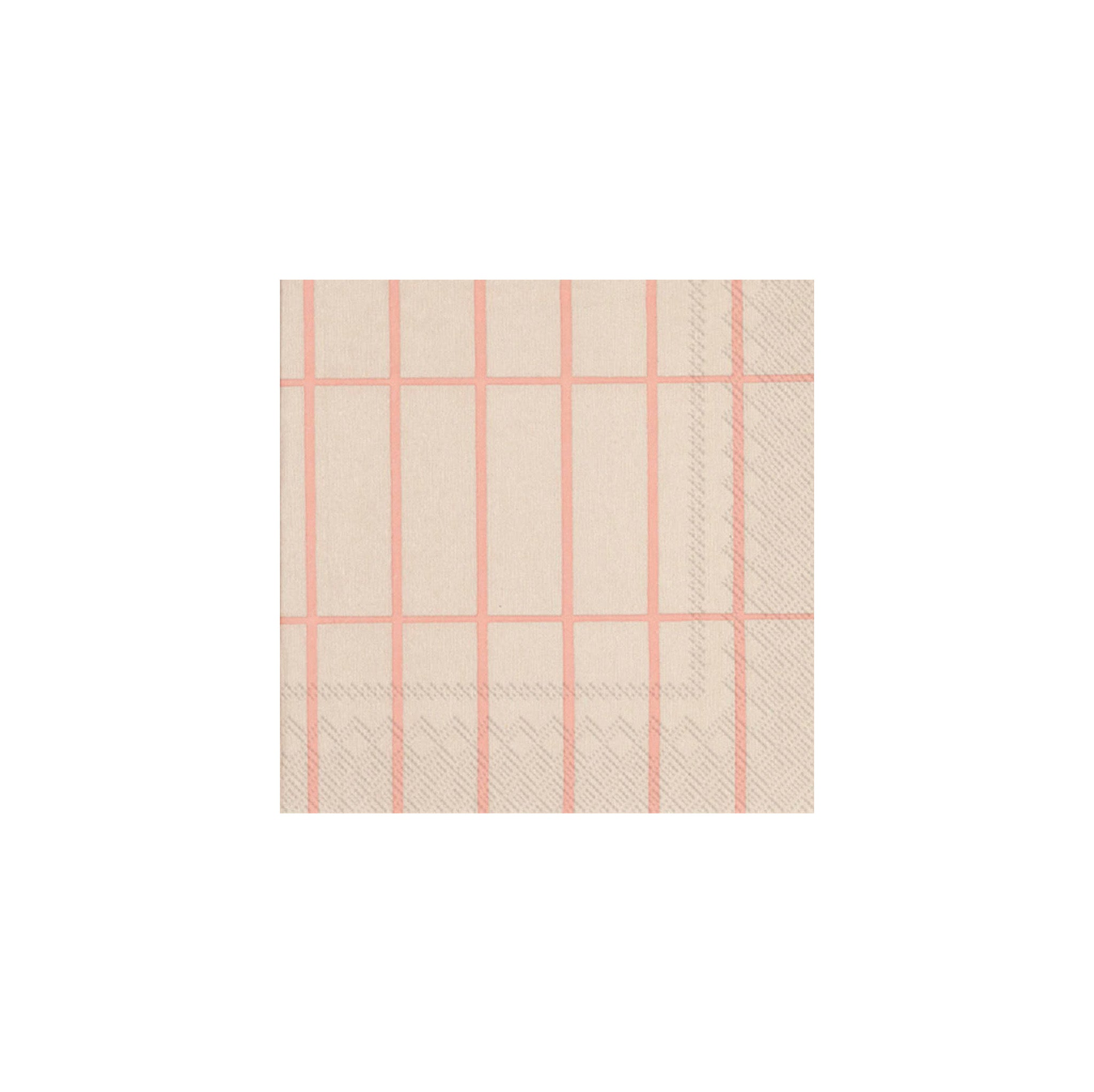 Marimekko Tiiliskivi Lunch Paper Napkin Set of 20 in linen/rose grid by Armi Ratia. FSC-certified cellulose, biodegradable 3-ply napkins.