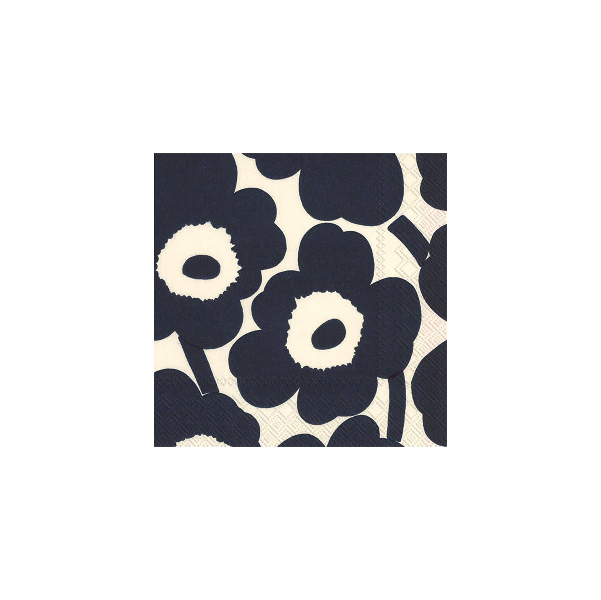 Marimekko Unikko (“poppy”) Paper Cocktail Napkin Set of 20 in dark blue and nature. Floral print by Maija Isola on FSC-certified cellulose, biodegradable 3-ply paper.
