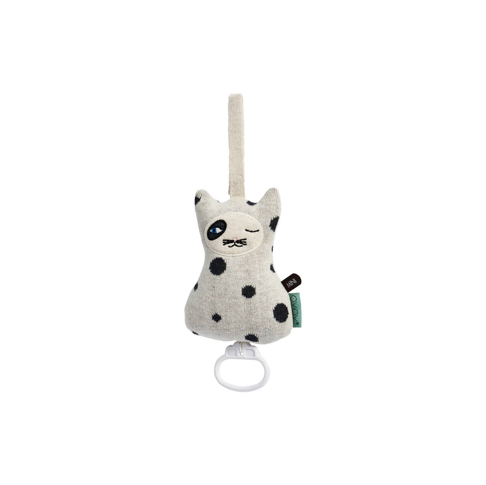 OYOY Cat Music Mobile in cotton knit, lullaby-playing baby mobile for nursery décor.