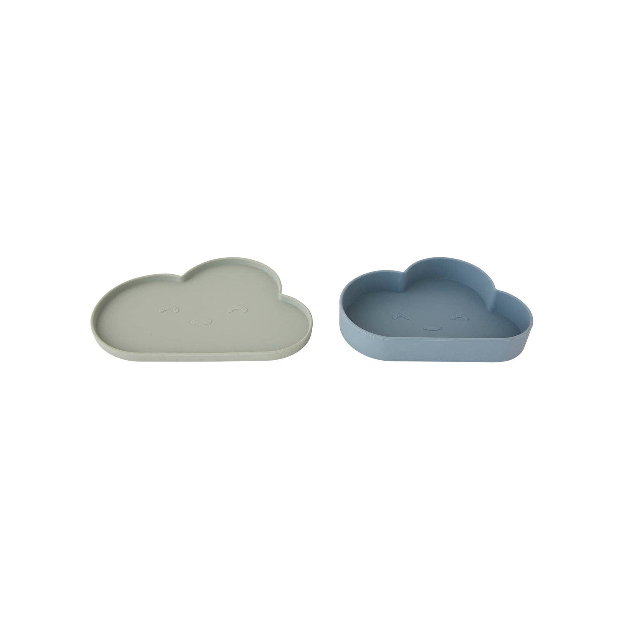OYOY Chloe Cloud Plate & Bowl Set in silicone, available in tourmaline or pale mint. Durable, dishwasher and microwave safe kids’ dinnerware.