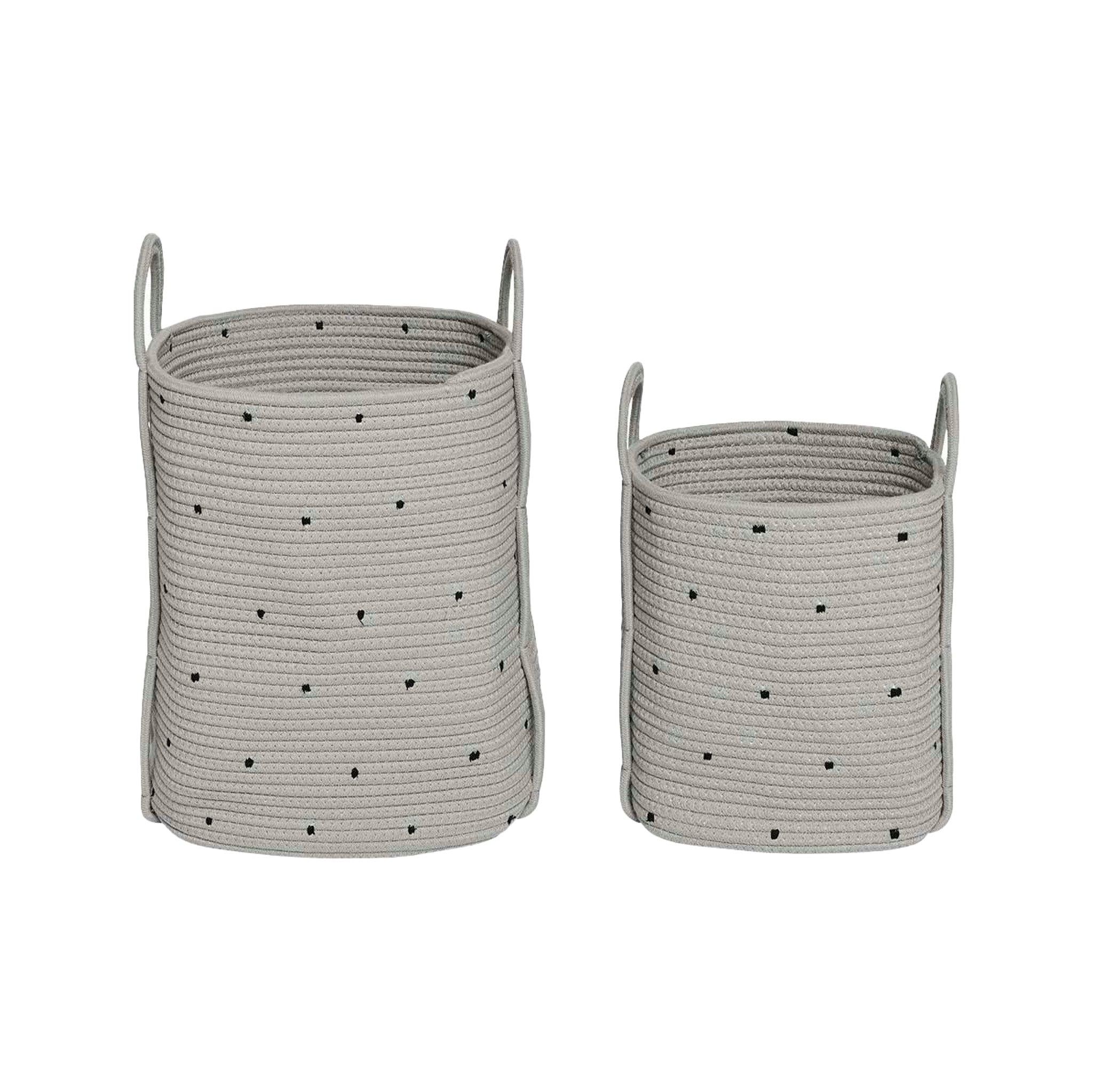 OYOY Living Design Living Dot Cotton Rope Basket Set in clay, dotted cotton rope baskets with handles, set of 2 nesting storage baskets.