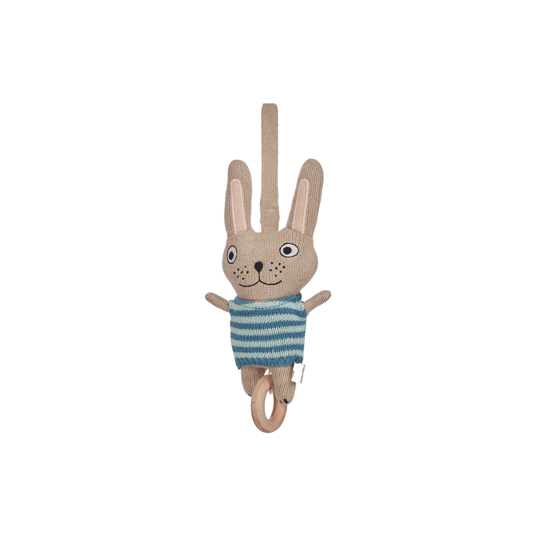 OYOY Felix Rabbit Music Mobile in cotton knit, rabbit baby mobile with lullaby for nursery.
