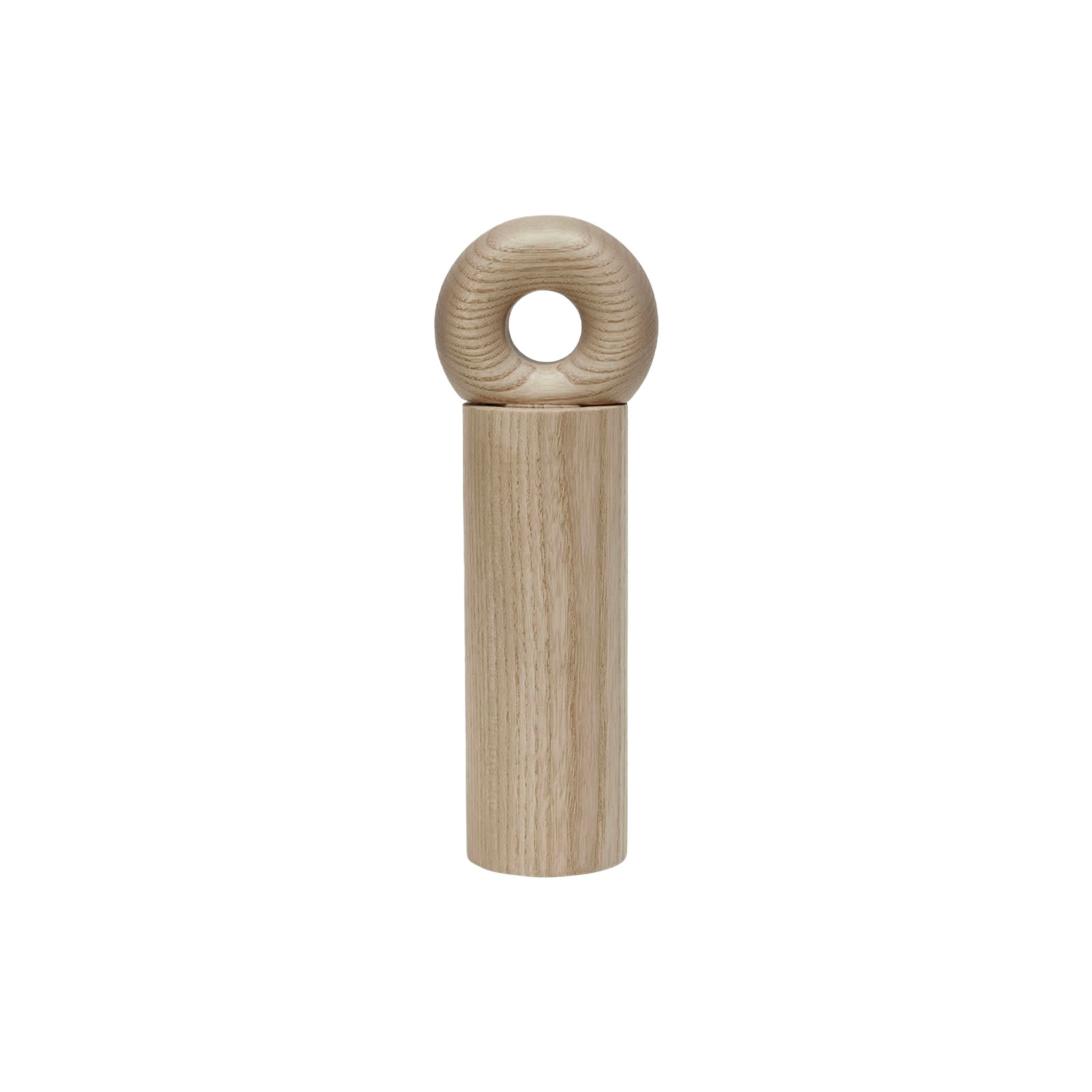 OYOY Living Design Hoop Mill Grinder in FSC-certified ash wood, available in Natural or Dark finish, two sizes. CrushGrind® mechanism for salt, pepper, or spices.