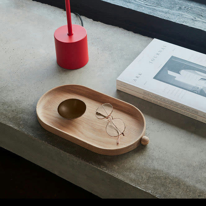 OYOY Living Design Inka Wood Tray in nraural oak, oval and round shapes. Designed in Denmark with organic curved silhouette.